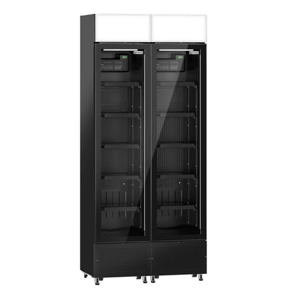 GGM Gastro (2 pcs) Commercial Beverage Display Fridge with Illuminated Canopy - 870mm - 290 Litres - with 2 hinged glass doors - LED lighting - digital controller with temperature display - Black - Temperature range 1 to 10 °C
