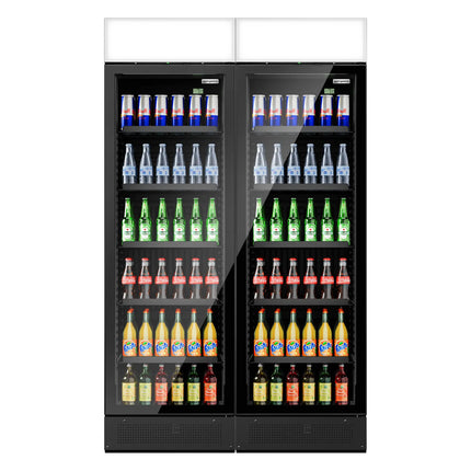 GGM Gastro (2 pcs) Commercial Beverage Display Fridge with Illuminated Canopy - 1190mm - 690 Litres - with 2 hinged glass doors - LED lighting - digital controller with temperature display - Black - UK Plug - Temperature range 2 to 10 °C