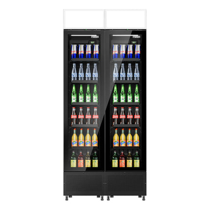 GGM Gastro (2 pcs) Commercial Beverage Display Fridge with Illuminated Canopy - 870mm - 290 Litres - with 2 hinged glass doors - LED lighting - digital controller with temperature display - Black - Temperature range 1 to 10 °C