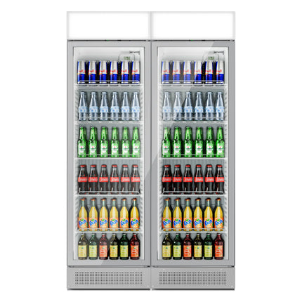 GGM Gastro (2 pcs) Commercial Beverage Display Fridge with Illuminated Canopy - 1190mm - 345 Litres - with 2 hinged glass doors - LED lighting - Grey - Temperature range 2 to 10 °C