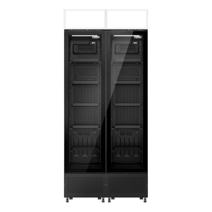 GGM Gastro (2 pcs) Commercial Beverage Display Fridge with Illuminated Canopy - 870mm - 290 Litres - with 2 hinged glass doors - LED lighting - digital controller with temperature display - Black - Temperature range 1 to 10 °C