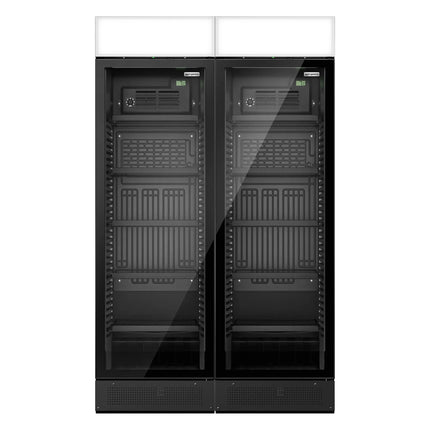 GGM Gastro (2 pcs) Commercial Beverage Display Fridge with Illuminated Canopy - 1190mm - 345 Litres - with 2 hinged glass doors - LED lighting - digital controller with temperature display - Black - Temperature range 2 to 10 °C