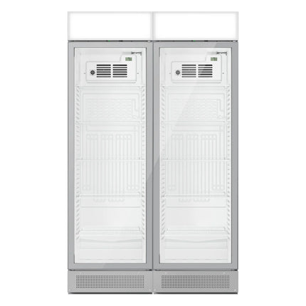 GGM Gastro (2 pcs) Commercial Beverage Display Fridge with Illuminated Canopy - 1190mm - 345 Litres - with 2 hinged glass doors - LED lighting - Grey - Temperature range 2 to 10 °C