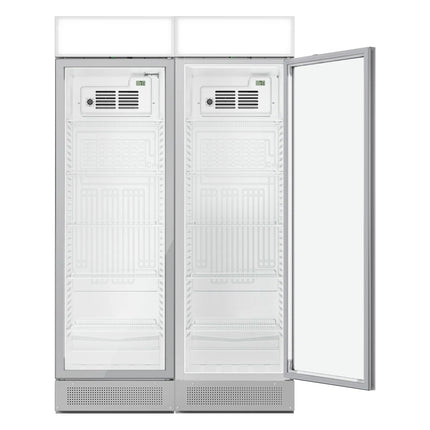 GGM Gastro (2 pcs) Commercial Beverage Display Fridge with Illuminated Canopy - 1190mm - 345 Litres - with 2 hinged glass doors - LED lighting - Grey - Temperature range 2 to 10 °C