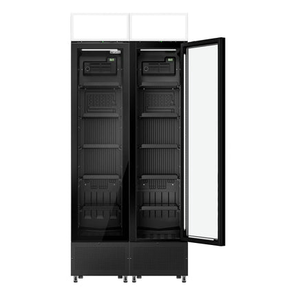 GGM Gastro (2 pcs) Commercial Beverage Display Fridge with Illuminated Canopy - 870mm - 290 Litres - with 2 hinged glass doors - LED lighting - digital controller with temperature display - Black - Temperature range 1 to 10 °C