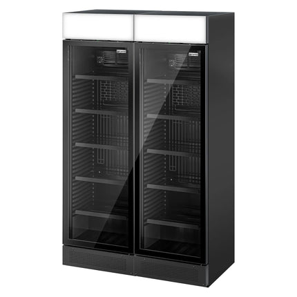 GGM Gastro (2 pcs) Commercial Beverage Display Fridge with Illuminated Canopy - 1190mm - 690 Litres - with 2 hinged glass doors - LED lighting - digital controller with temperature display - Black - UK Plug - Temperature range 2 to 10 °C