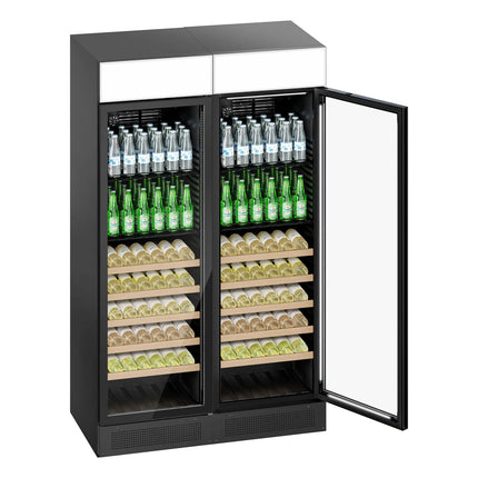 GGM Gastro (2 pcs) Commercial Beverage Display Fridge with Illuminated Canopy - 1190mm - 345 Litres - with 2 hinged glass doors - LED lighting - digital controller with temperature display - Black - Temperature range 2 to 10 °C