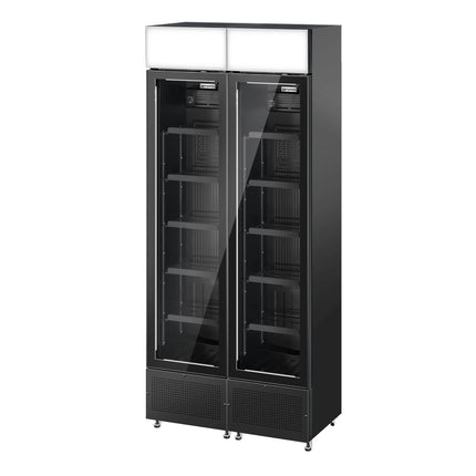 GGM Gastro (2 pcs) Commercial Beverage Display Fridge with Illuminated Canopy - 870mm - 290 Litres - with 2 hinged glass doors - LED lighting - digital controller with temperature display - Black - Temperature range 1 to 10 °C