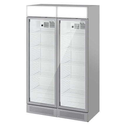 GGM Gastro (2 pcs) Commercial Beverage Display Fridge with Illuminated Canopy - 1190mm - 345 Litres - with 2 hinged glass doors - LED lighting - Grey - Temperature range 2 to 10 °C