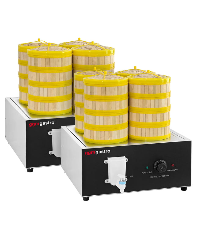 GGM Gastro (2 pcs) - Commercial Dim Sum & Dumpling Steamer - 2.5kW - Manual - incl. 32 Bamboo Baskets & 8 Lids