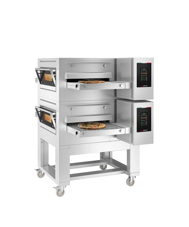 GGM Gastro (2 pcs) Electric Conveyor Pizza Oven - 1260x1750mm (126 cmx175 cm) - 230V 3 Phase - Touchscreen Controls - Belt width: 500mm (50 cm) - up to 350°C - with Base frame & Wheels