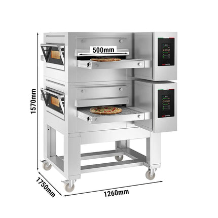 GGM Gastro (2 pcs) Electric Conveyor Pizza Oven - 1260x1750mm (126 cmx175 cm) - 230V 3 Phase - Touchscreen Controls - Belt width: 500mm (50 cm) - up to 350°C - with Base frame & Wheels