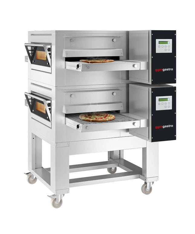 GGM Gastro (2 pcs) Gas Conveyor Pizza Oven - 1260x1750mm (126 cmx175 cm) - 230V Single Phase - Digital Controls - Belt width: 500mm (50 cm) - up to 320°C - incl. Base frame & Wheels