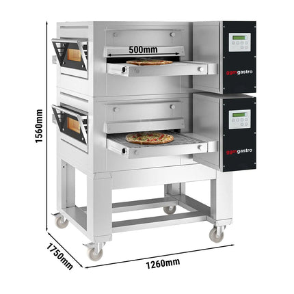 GGM Gastro (2 pcs) Gas Conveyor Pizza Oven - 1260x1750mm (126 cmx175 cm) - 230V Single Phase - Digital Controls - Belt width: 500mm (50 cm) - up to 320°C - incl. Base frame & Wheels
