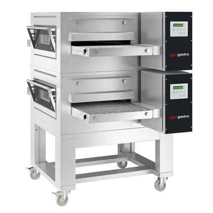 GGM Gastro (2 pcs) Gas Conveyor Pizza Oven - 1260x1750mm (126 cmx175 cm) - 230V Single Phase - Digital Controls - Belt width: 500mm (50 cm) - up to 320°C - incl. Base frame & Wheels