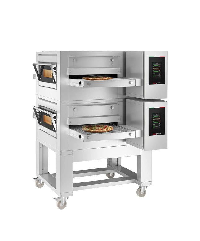 GGM Gastro (2 pcs) Gas Conveyor Pizza Oven - 1550x2000mm (154.9 cmx199.9 cm) - 230V Single Phase - Touchscreen Controls - Belt width: 650mm (65 cm) - up to 350°C - incl. Base frame