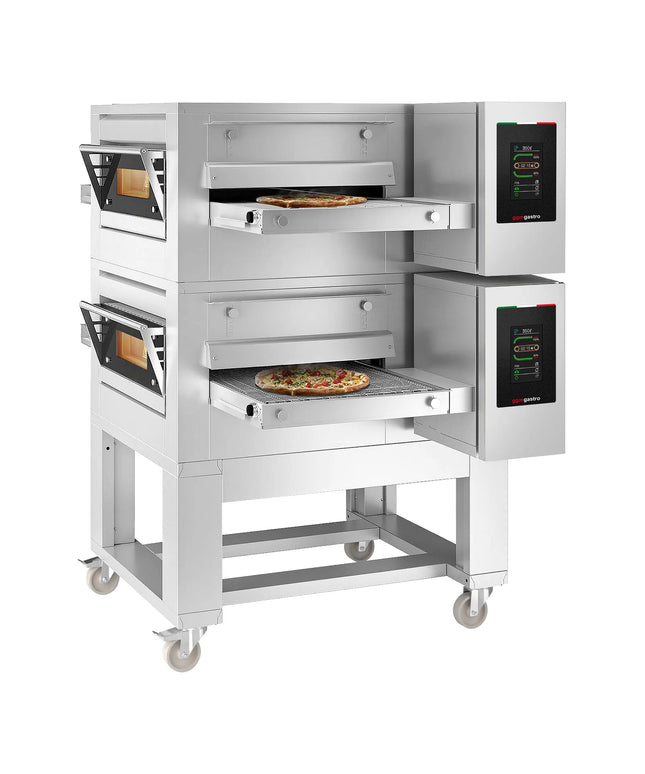 GGM Gastro (2 pcs) Gas Conveyor Pizza Oven - 1980x2450mm (198.1 cmx245.1 cm) - 230V Single Phase - Touchscreen Controls - Belt width: 1000mm (100.1 cm) - up to 350°C - incl. Base frame & Wheels