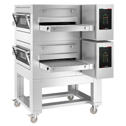 GGM Gastro (2 pcs) Gas Conveyor Pizza Oven - 1980x2450mm (198.1 cmx245.1 cm) - 230V Single Phase - Touchscreen Controls - Belt width: 1000mm (100.1 cm) - up to 350°C - incl. Base frame & Wheels