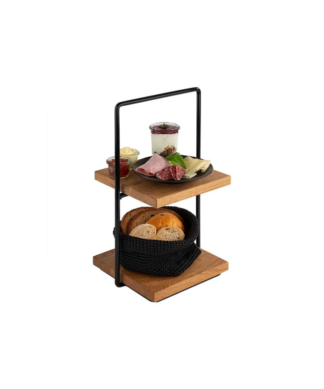GGM Gastro 2-Tier Afternoon Tea Stand - PERFECTO SMALL - Square - Metal Frame - Oak Shelves