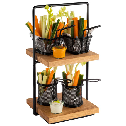 GGM Gastro 2-Tier Afternoon Tea Stand - PERFECTO SMALL - Square - Metal Frame - Oak Shelves