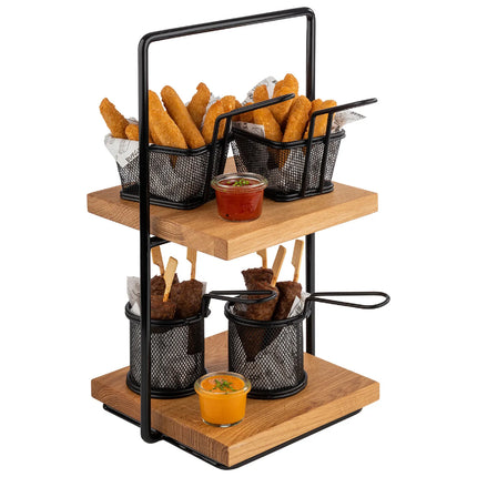 GGM Gastro 2-Tier Afternoon Tea Stand - PERFECTO SMALL - Square - Metal Frame - Oak Shelves