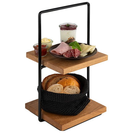GGM Gastro 2-Tier Afternoon Tea Stand - PERFECTO SMALL - Square - Metal Frame - Oak Shelves