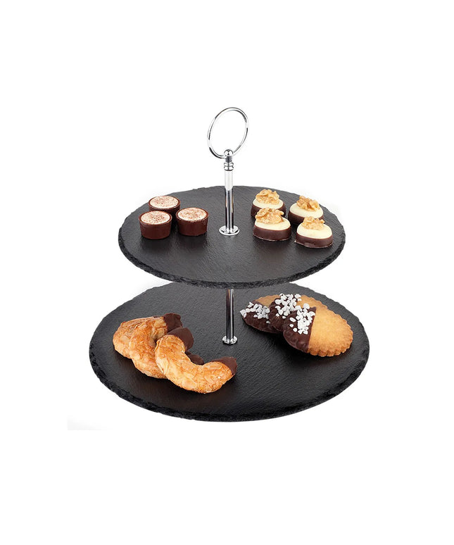 GGM Gastro 2-Tier Afternoon Tea Stand - Round - Chrome-Plated Frame - Slate Shelves