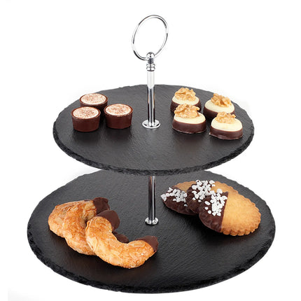 GGM Gastro 2-Tier Afternoon Tea Stand - Round - Chrome-Plated Frame - Slate Shelves