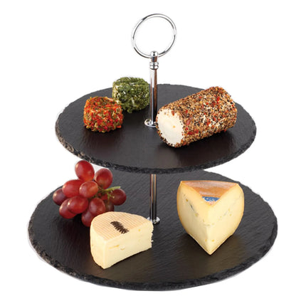 GGM Gastro 2-Tier Afternoon Tea Stand - Round - Chrome-Plated Frame - Slate Shelves