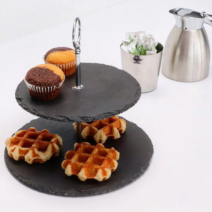 GGM Gastro 2-Tier Afternoon Tea Stand - Round - Chrome-Plated Frame - Slate Shelves