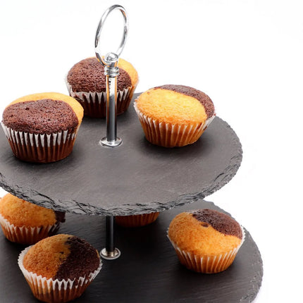 GGM Gastro 2-Tier Afternoon Tea Stand - Round - Chrome-Plated Frame - Slate Shelves
