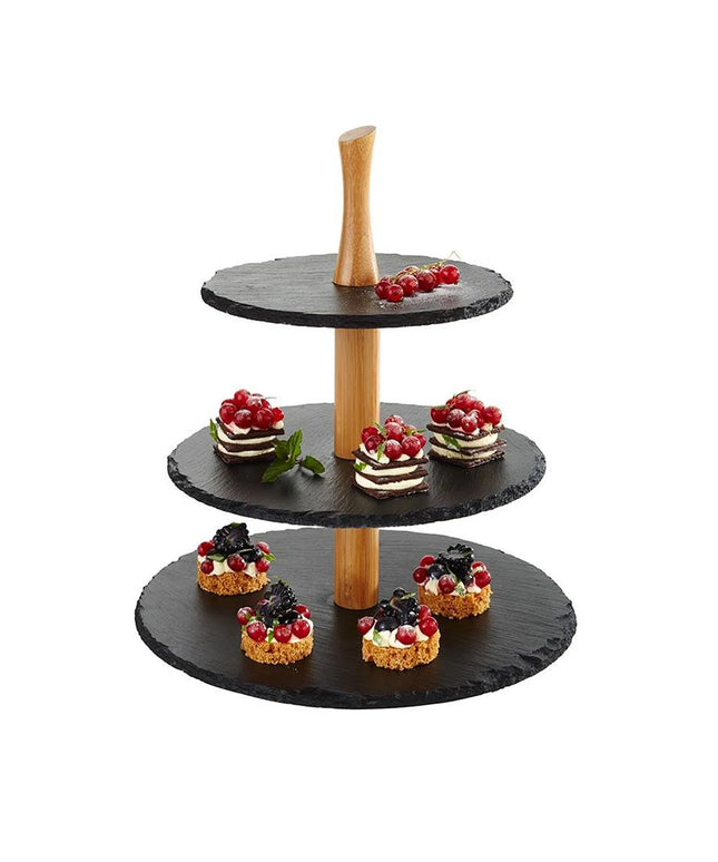 GGM Gastro 3-Tier Afternoon Tea Stand - Round - Chrome-Plated Frame - Slate Shelves