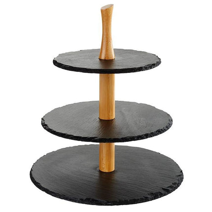 GGM Gastro 3-Tier Afternoon Tea Stand - Round - Chrome-Plated Frame - Slate Shelves