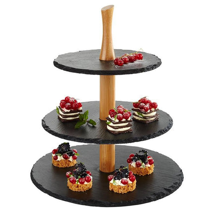 GGM Gastro 3-Tier Afternoon Tea Stand - Round - Chrome-Plated Frame - Slate Shelves