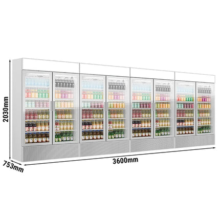 GGM Gastro (4 pcs) Commercial Beverage Display Fridge with Illuminated Canopy - 4800mm - 4800 Litres - with 8 hinged glass doors - LED lighting - Grey - Temperature range 1 to 10 °C