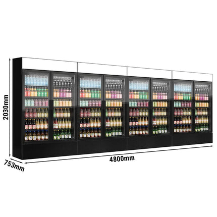 GGM Gastro (4 pcs) Commercial Beverage Display Fridge with Illuminated Canopy - 4800mm - 4800 Litres - with 8 hinged glass doors - LED lighting - Black - Temperature range 1 to 10 °C