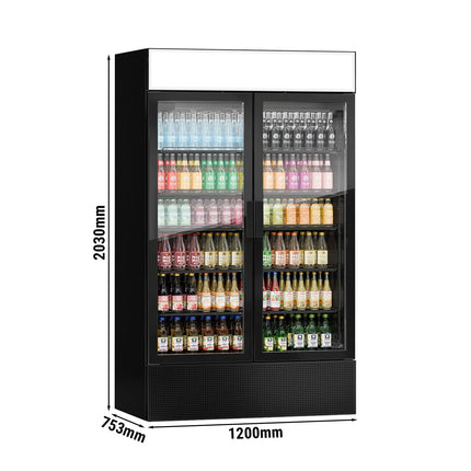 GGM Gastro (4 pcs) Commercial Beverage Display Fridge with Illuminated Canopy - 4800mm - 4800 Litres - with 8 hinged glass doors - LED lighting - Black - Temperature range 1 to 10 °C