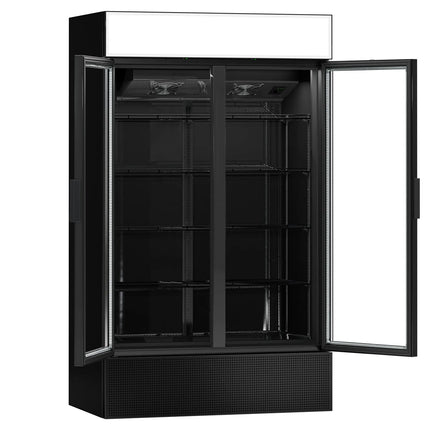 GGM Gastro (4 pcs) Commercial Beverage Display Fridge with Illuminated Canopy - 4800mm - 4800 Litres - with 8 hinged glass doors - LED lighting - Black - Temperature range 1 to 10 °C