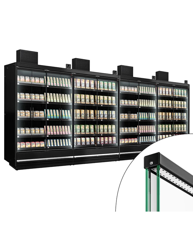 GGM Gastro (4 pcs) Commercial multideck display fridge - 7500mm - with 4 hinged glass doors & 5 shelves - Black