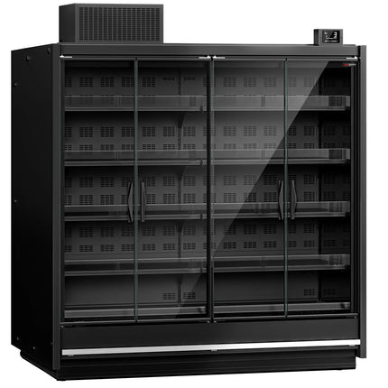 GGM Gastro (4 pcs) Commercial multideck display fridge - 7500mm - with 4 hinged glass doors & 5 shelves - Black