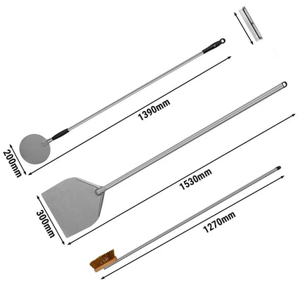 GGM Gastro (4 pieces) Pizza oven paddles and Pizza oven brush PREMIUM – aluminium peel - brass brush - wall rack