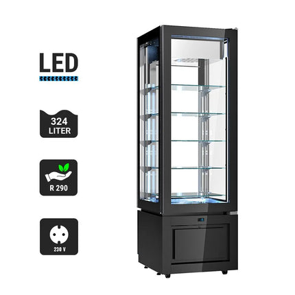GGM Gastro 4-Sided Glass Display Freezer - 324L - 600mm - Double glazing - square - with 5 glass shelves - 1 glass door - Black