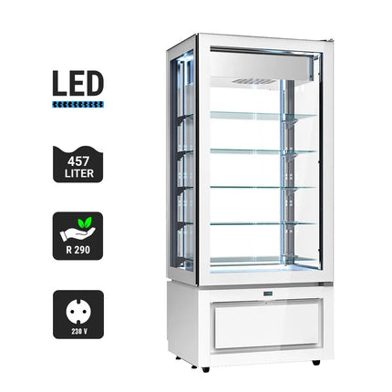 GGM Gastro 4-Sided Glass Display Freezer - 457L - 805mm - Double glazing - square - with 5 glass shelves - 1 glass door front - White