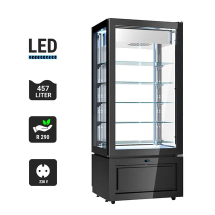 GGM Gastro 4-Sided Glass Display Freezer - 457L - 805mm - Double glazing - square - black front - with 5 glass shelves - 1 glass door, right-hinged - Black