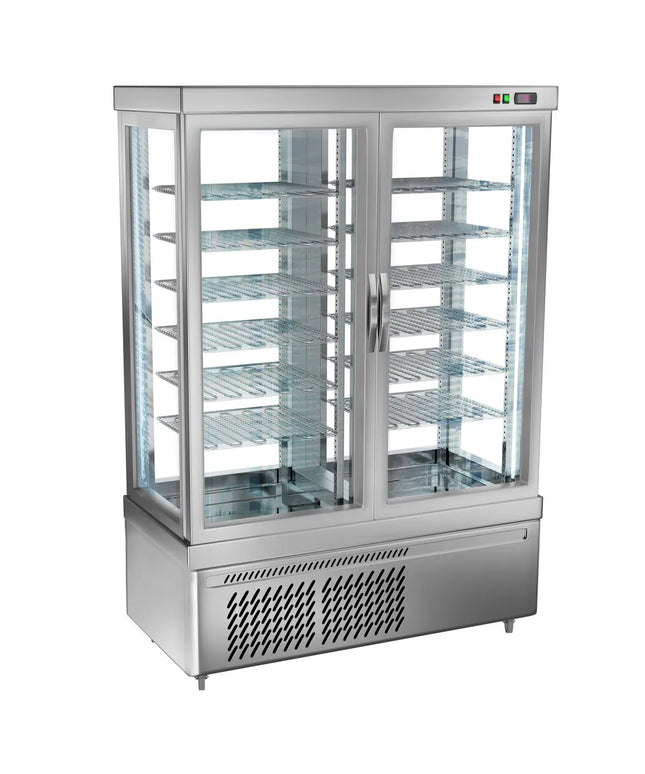 GGM Gastro 4-Sided Glass Display Freezer - 935L - 1320mm - Triple glazing - round - with 12 rotating shelves - 2 glass doors - for patisserie - Silver