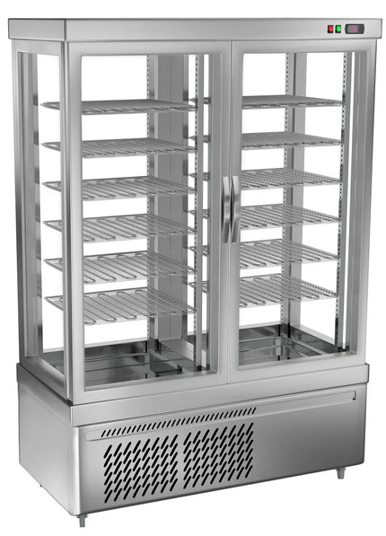 GGM Gastro 4-Sided Glass Display Freezer - 935L - 1320mm - Triple glazing - round - with 12 rotating shelves - 2 glass doors - for patisserie - Silver