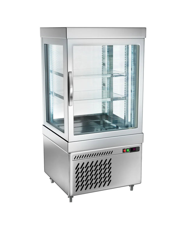 GGM Gastro 4-Sided Glass Display Fridge - 230L - 670mm - with 2 rotating shelves - 1 door - Silver - for patisserie