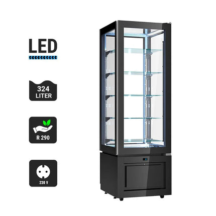 GGM Gastro 4-Sided Glass Display Fridge - 324L - 600mm - Double glazing - square - black front - with 5 glass shelves - 1 glass door front - Black
