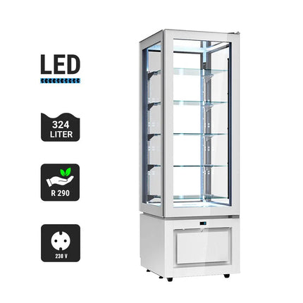 GGM Gastro 4-Sided Glass Display Fridge - 324L - 600mm - Double glazing - square - with 1 glass shelf - 1 glass door front - White