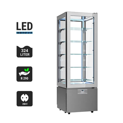 GGM Gastro 4-Sided Glass Display Fridge - 324L - 600mm - Double glazing - with 5 glass shelves - 1 glass door